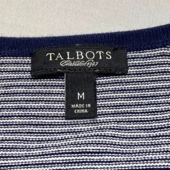 Talbots Ladies Button Front Ruffle Cardigan Medium Navy White Stripe 3/4 Sleeve - Picture 12 of 13